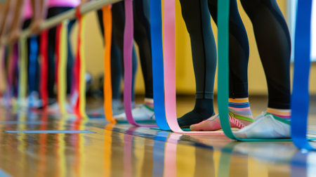 The barre lined with colorful resistance bands offering a variety of strength and conditioning exercises for the dancersの素材