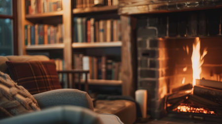 A cozy fireplace with a mantel lined with books adding a touch of warmth and coziness to the roomの素材