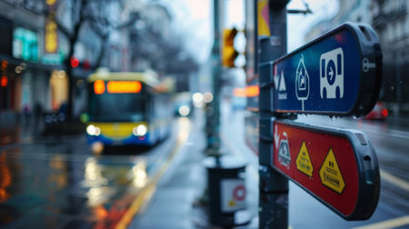 A sign pointing to different modes of transportation including buses and subwaysの素材
