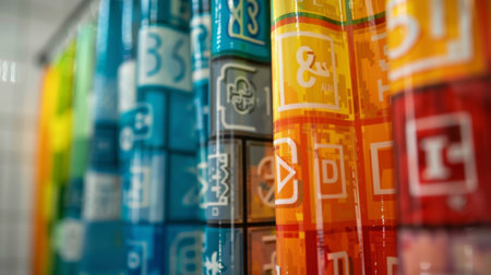 A colorful periodic table shower curtain hangs in front of a shower adding a touch of personality to the otherwise sterile spaceの素材