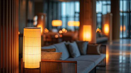 Strategically p floor lamps provide warm lighting in the lounge for guests to relax underの素材