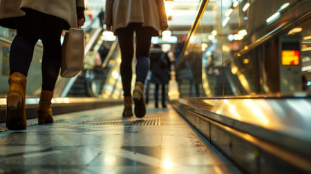 Multiple people walking towards the escalators that lead to the train platformの素材