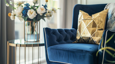 A plush navy blue velvet armchair with a gold geometric pillow sits next to a sleek glass side table with a vase of fresh flowersの素材