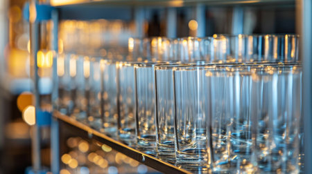 An array of delicate glassware is carefully arranged on a shelf used for measuring and mixing precise amounts of substancesの素材