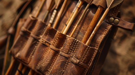 A detail shot of an archers quiver featuring multiple pockets to hold different types of arrowsの素材