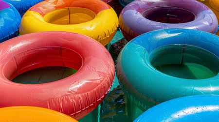 The vibrant colors and patterns of a group of inner tubes at the bottom of a slideの素材