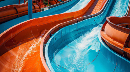 The intricate details on a massive water slide with twists and turns visibleの素材