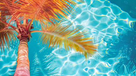 The vibrant hues of a palm tree strategically p near a pool for tropical vibesの素材