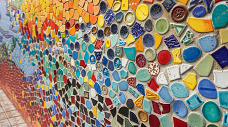 A wall covered in colorful mosaic tiles adding a pop of color and culture to the spaceの素材