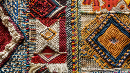 The intricate patterns and details of a handwoven tapestry are showcased in this detailed shotの素材