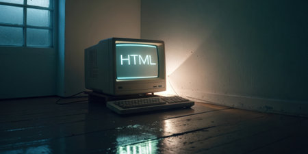 Glowing Elements A nostalgic screenshot of a simple HTML structure in a text editor displaying the essence of coding with its early tags and attributes. The faint glow of the.の素材