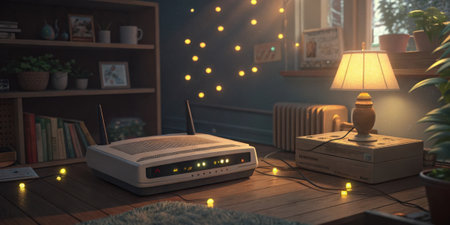 Memory Lane A vintage modem occupies a cozy nook highlighted by a series of brightly blinking indicators. The room is filled with the echoes of distant phone connections and the.の素材