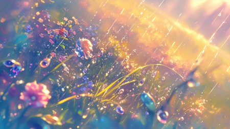 As the sun poked through the clouds the raindrops caught the light and transformed into glistening jewels adding an enchanting touch to the sceneryの素材