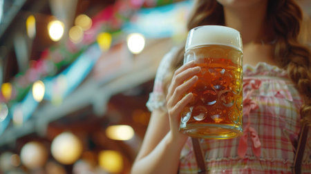 A woman dressed in a dirndl dress holds a stein of ambercolored nonalcoholic beer with a colorful banner reading Prost in the backgroundの素材