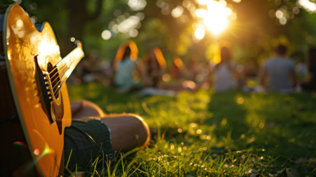 A quiet park with a group of people enjoying a picnic while singing together to acoustic melodiesの素材