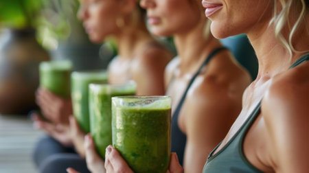 Women enjoying a calming yoga session followed by a healthy smoothie at a wellness centerの素材