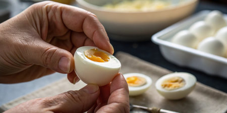 A side view of a person inspecting a hardboiled egg with the smooth shell and the delicate shine of the egg white clearly visible in the frame..の素材