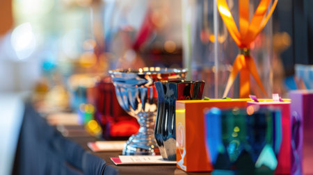 A table covered in various awards and prizes to be given out at the eventの素材