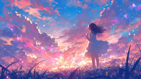 As the stars fall from above they seem to come alive with a shimmering pulsating energy that ignites the skyの素材