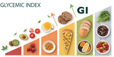An overview image of the full Glycemic Index scale with arrows indicating the flow from low to high GI creating a clear visual guide..の素材