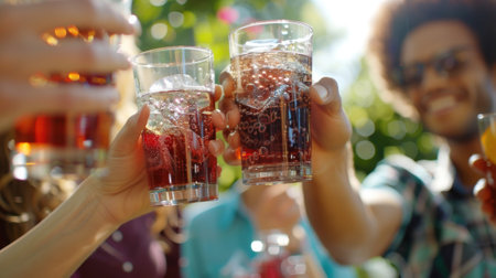 A group of cheerful people raise their glasses in a toast each having chosen a unique flad seltzer to sip on during the gatheringの素材