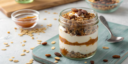 A simple glass jar features layered segments of nosugaradded yogurt and homemade granola crowned with a few sunflower seeds and a drizzle of sugarfree syrup showcasing health.の素材