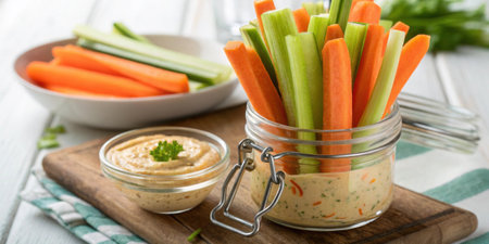 An assortment of baby carrots and celery sticks freshly and arranged in a glass jar filled with a flavorful dip at the bottom..の素材
