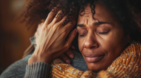 A person putting their hand on the shoulder of a crying parent offering comfort and understandingの素材
