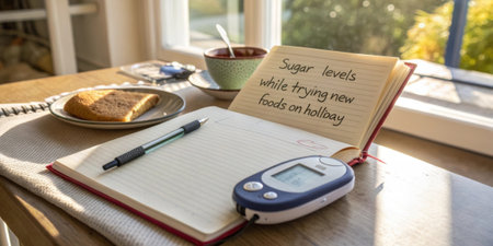 A travel journal open on a table beside a glucose meter showcasing a handwritten note about maintaining sugar while exploring new foods on holiday..の素材