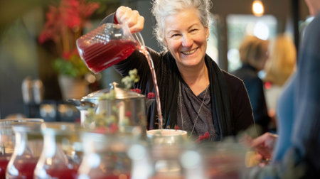 A smiling woman pouring a homemade elderberry tea explaining its antiinflammatory and coldfighting properties to curious attendeesの素材