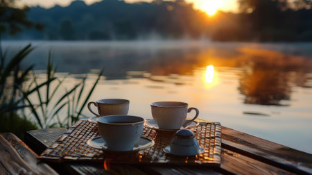 A serene lakeside setting offers the perfect backdrop for an evening of tea and tranquility as the sun dips below the horizonの素材
