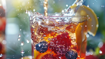 A closeup of a glass being filled with ice and a splash of sparkling water creating a fizzy and refreshing virgin sangriaの素材