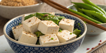 An assortment of firm tofu cubes their pale cream color complemented by a light sprinkle of seasoning nestled in a decorative ceramic bowl alongside vibrant green vegetables..の素材