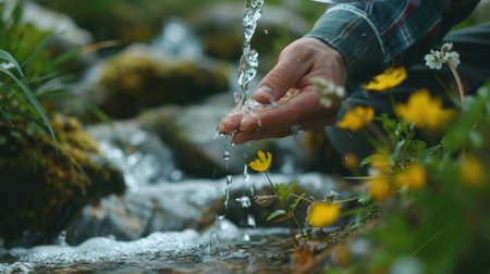 A local farmer pours samples of spring water from his neighboring natural spring boasting about its unbeatable tasteの素材