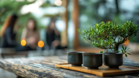 Soft music plays in the background as guests practice mindfulness and take in the peaceful surroundings while sipping on their favorite tea blendの素材