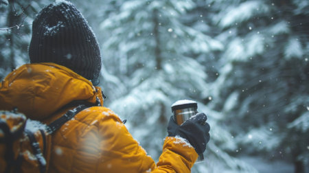 A winter hike with a thermos in hand admiring the snowy landscape and taking breaks to drink warm honey lemon teaの素材