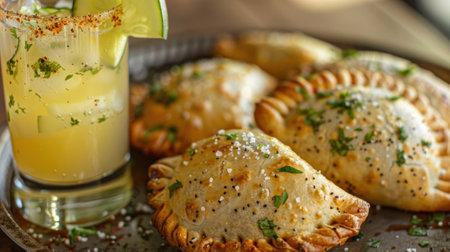 A tray of y vegan empanadas paired with a refreshing cucumber and melon mocktail with a sprinkle of chili salt on the rimの素材