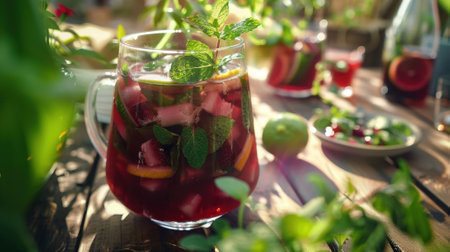 Fresh mint leaves and basil tered around the table adding a touch of herbal freshness to the sangriaの素材