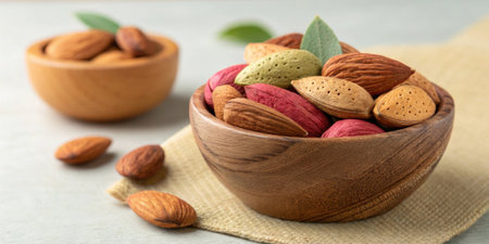 A small wooden bowl filled with a colorful mix of raw almonds showcasing their textured brown skin against a soft natural background..の素材