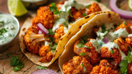 Spicy paprika and cauliflower tacos served with a side of creamy cilantrolime sauceの素材