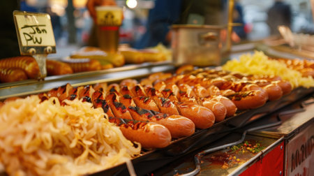 A food stand serving up grilled bratwurst and sauerkraut with a sign proudly proclaiming that all dishes are accompanied by a complimentary nonalcoholic beerの素材