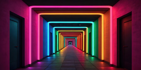 Neon Mirage A winding array of hallways painted in bold neon colors pulses with life against a dark backdrop as the viewer is enveloped in a mesmerizing digital mirage that beckons.の素材