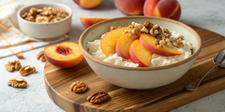 An inviting bowl of cottage cheese topped with sliced peaches and a sprinkle of walnuts illustrating a healthy breakfast thats rich in protein and healthy fats..の素材