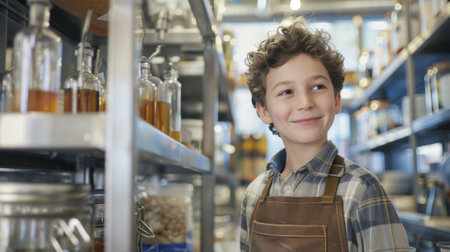 A boy wearing a Future Fermenter apron stands behind the stand ready to answer questions and teach about the fermentation processの素材
