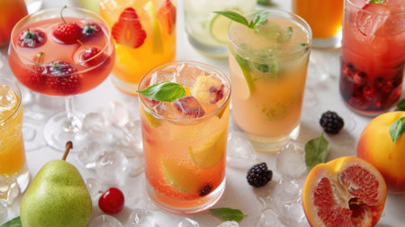 A colorful spread of muddled fruit cocktails including a peach basil martini and a ginger pear mocktailの素材