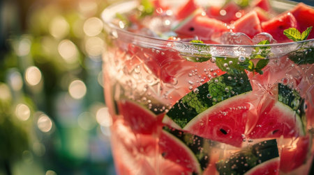 A large dispenser filled with icecold watermelon infused water complete with floating watermelon slices and mint leavesの素材