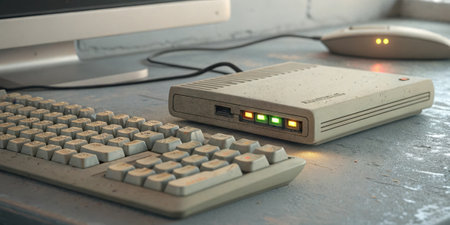 Quiet Companionship A modest modem sits silently beside a dusty keyboard its lights detailing a flickering dance. It exudes a soft hum while the surrounding ambience is filled with.の素材