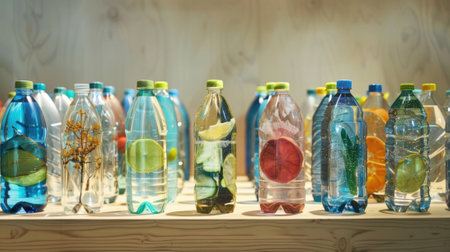 A display of unique bottles and containers showcases the aesthetic diversity of spring water packagingの素材