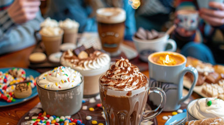 A game night with friends gathered around a coffee table covered in different flad lattes and cocoa toppingsの素材