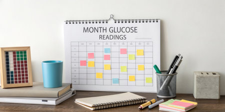 An organized workspace with a chart taped to the wall showing a month of glucose readings marked with different colored sticky notes for easy visualization..の素材